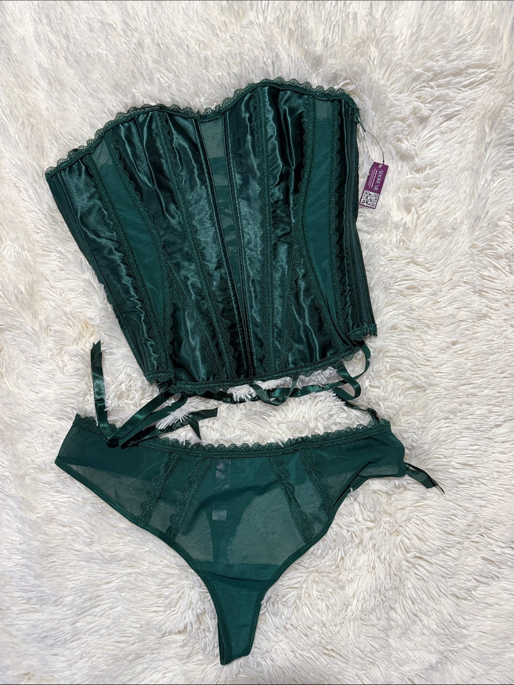 Adore Me Emerald Green Satin Bustier & Sheer Brief Set